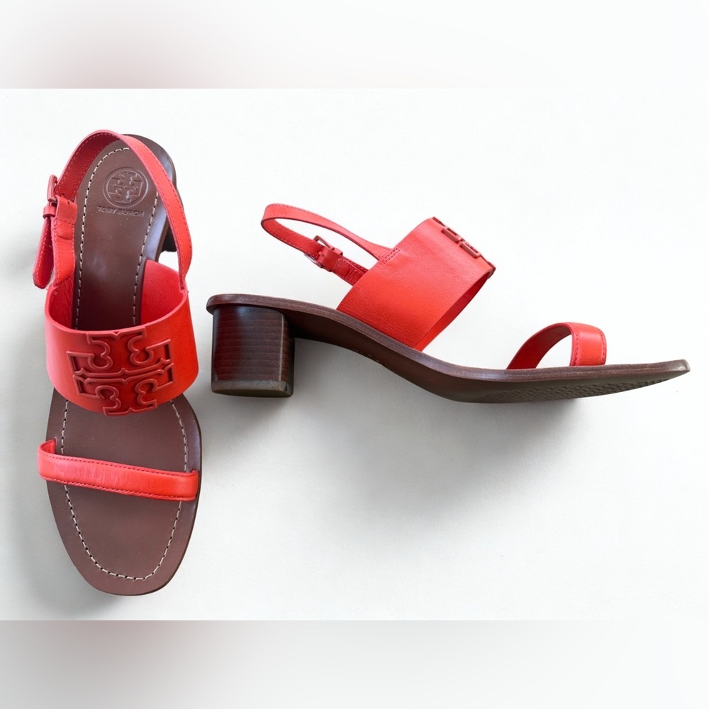 NWOB TORY BURCH Double T City Sandal Red Leather Block Heel 11M + Dust Bag - Picture 2 of 7
